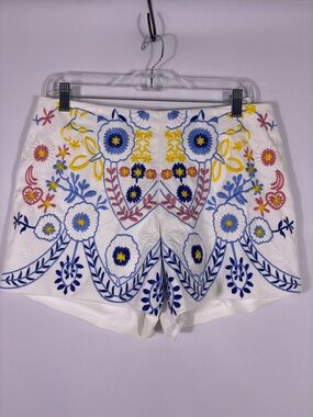 Molly Bracken Colorful Embroidered Floral Shorts White Scalloped Hem Boho M/L